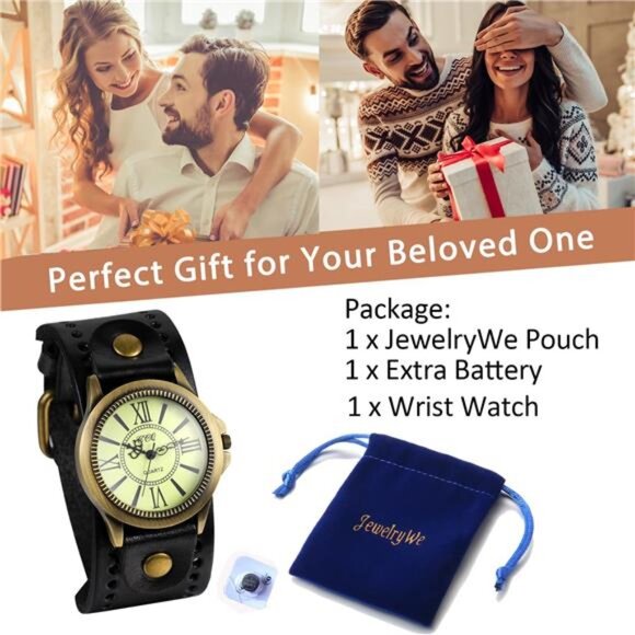 Vintage Wrist Watch Wide Leather Strap Band Cuff Quartz Watches for Men Women - Picture 3 of 7